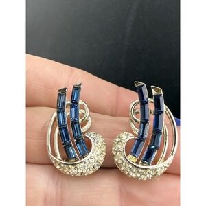 Vintage Kramer Rhinestone Earrings Blue‎ Signed Clip Ons READ